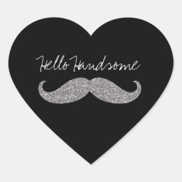 Black Silver Glitz Mustache Hej Hjärtformat Klistermärke