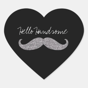 Black Silver Glitz Mustache Hej Hjärtformat Klistermärke