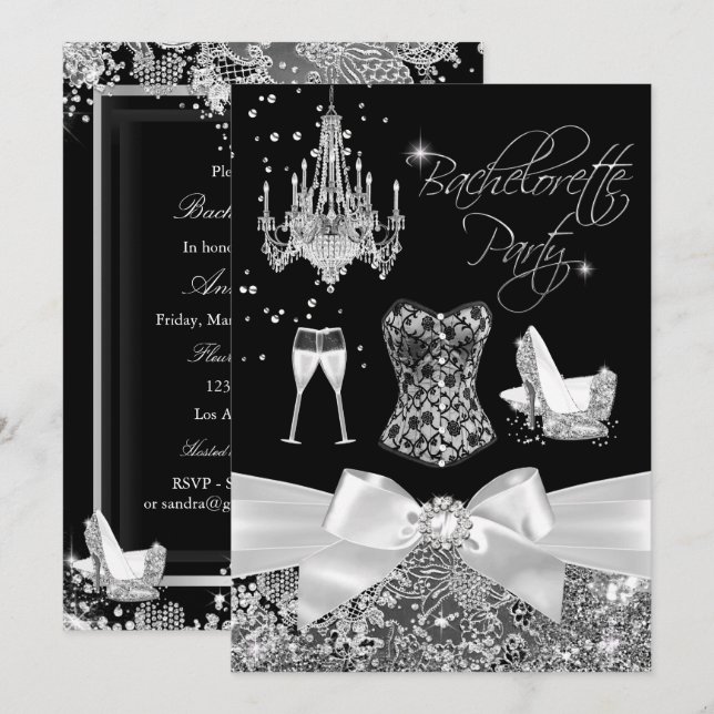 Black Silver Gnistra Bow Bachelorette Party Inbjudningar (Fram/baksida)