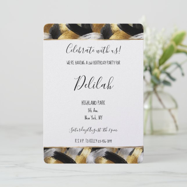 Black Silver Gold Glam Abstract Birthday Inbjudningar (Stående Fram)