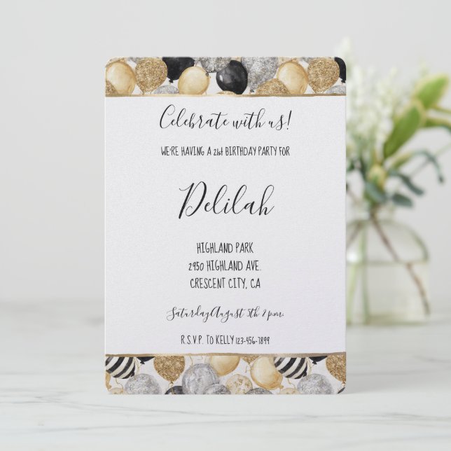 Black Silver Gold Glam Balloons Birthday Inbjudningar (Stående Fram)