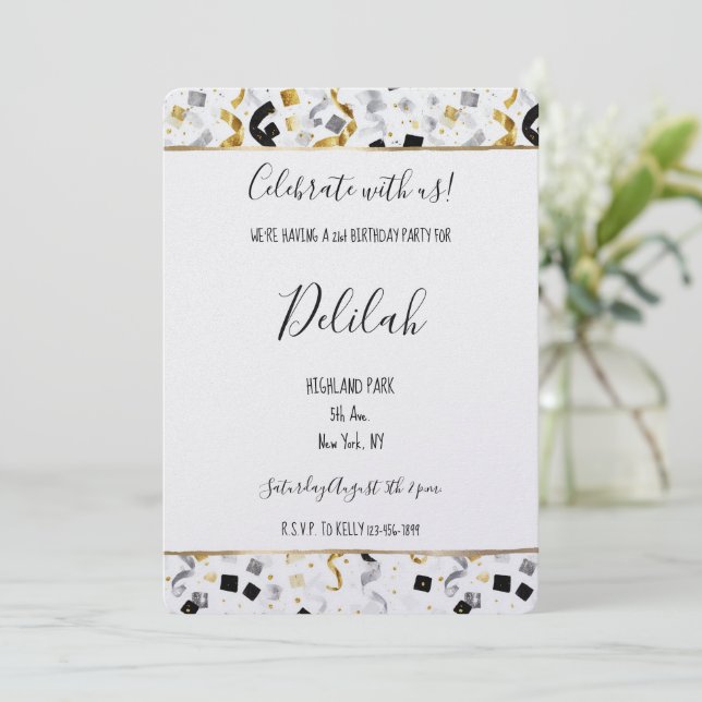 Black Silver Gold Glam Confetti Birthday Inbjudningar (Stående Fram)