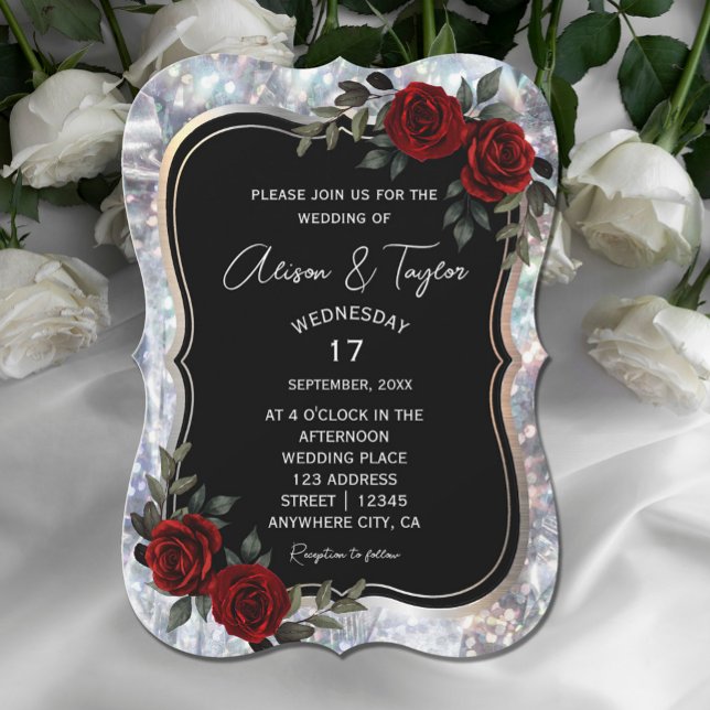 Black Silver Gothic Red Grönt Blommigt Bröllop Inbjudningar (Black Silver Gothic Red Green Floral Wedding Invitation #zazzlemade #elegantredflowers #weddingcard)
