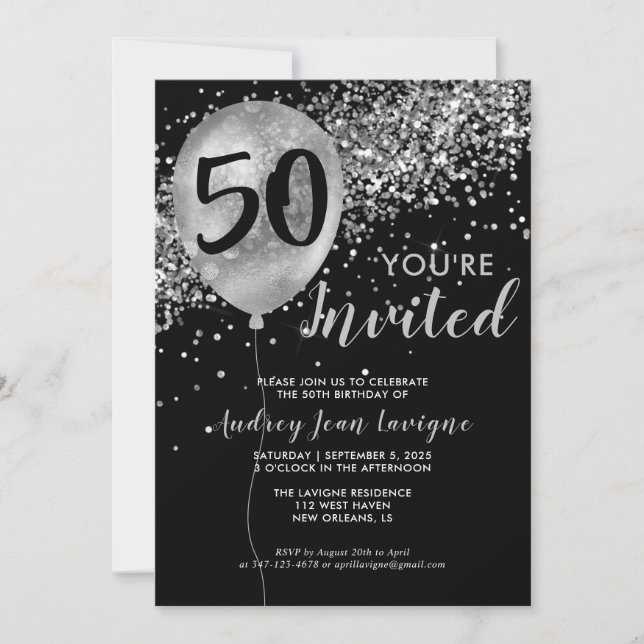 Black Silver Grått Glitter Balloon 50:e födelsedag Inbjudningar (Framsida)