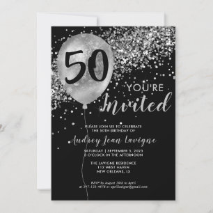 Black Silver Grått Glitter Balloon 50:e födelsedag Inbjudningar
