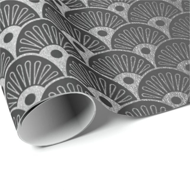 Black Silver Grått Metallic Seashells Art Deco Presentpapper (Rullad Hörn)