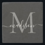 Black Silver Grått Monogram Femininskrift Namn Stenunderlägg<br><div class="desc">Elegant Modern Black Silver Slate Grått Monogram Feminine Script Namn Stone Underlägg</div>