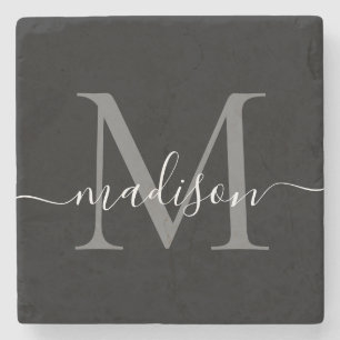Black Silver Grått Monogram Femininskrift Namn Stenunderlägg
