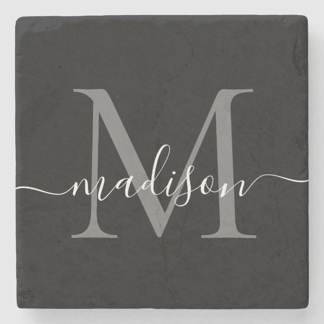 Black Silver Grått Monogram Femininskrift Namn Stenunderlägg (Framsidan)