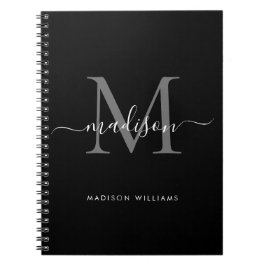 Black Silver Grått Monogram Script Namn Initial Anteckningsbok