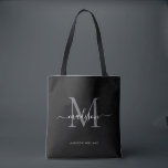 Black Silver Grått Monogram Script Namn Initial Tygkasse<br><div class="desc">Modern Black Silver Slate Grått Monogram Elegant Namn Initial Tote Bag</div>
