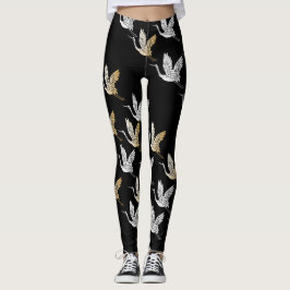 Black Silver Guld Crane Japansk Mönster Leggings