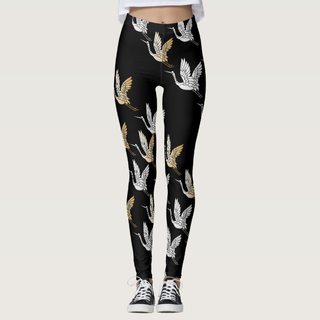Black Silver Guld Crane Japansk Mönster Leggings (Framsida)