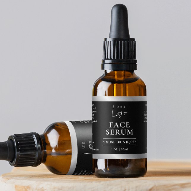 Black & Silver Logotyp Chic 1 OZ Dropper Flaska-et Adressetikett (Modern black and silver logo 1 OZ dropper bottle wraparound label *verify size*)