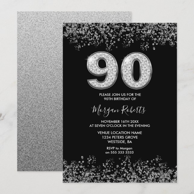Black Silver Manar Womans 90:e Födelsedagsfest Inbjudningar (Fram/baksida)