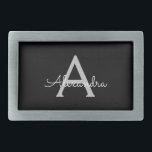 Black Silver Modern Script Girly Monogram Namn<br><div class="desc">Svart och Silver Enkelt skript Monogram Namn Bälte Buckle. Detta gör perfekt studenten,  söt 16 16,  18,  21,  30,  40,  50,  60,  70,  80,  90:e,  100-årsdag,  bröllop,  möhippa,  årsdag,  babydusch eller bachelorette-gåva till någon som glam lyx och chic stilar.</div>
