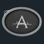 Black Silver Modern Script Girly Monogram Namn<br><div class="desc">Svart och Silver Enkelt skript Monogram Namn Bälte Buckle. Detta gör perfekt studenten,  söt 16 16,  18,  21,  30,  40,  50,  60,  70,  80,  90:e,  100-årsdag,  bröllop,  möhippa,  årsdag,  babydusch eller bachelorette-gåva till någon som glam lyx och chic stilar.</div>