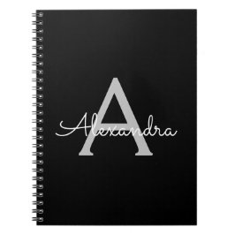Black Silver Modern Script Girly Monogram Namn Anteckningsbok