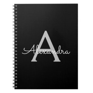 Black Silver Modern Script Girly Monogram Namn Anteckningsbok