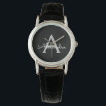 Black Silver Modern Script Girly Monogram Namn Armbandsur<br><div class="desc">Svart och Silver Enkel skript Monogram Namn Watch. Det gör perfekt studenten,  födelsedag,  bröllop,  möhippa,  årsdag,  babydusch eller bachelorette-fest till någon som glam lyx och chic stilar.</div>
