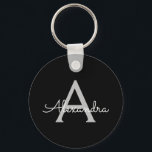 Black Silver Modern Script Girly Monogram Namn Nyckelring<br><div class="desc">Svart och Silver Enkel Namn nyckelringar i Monogram (Nyckelring). Det gör perfekten söt 16-årsjubileum,  bröllop,  möhippa,  årsdag,  babydusch eller bachelorette-fest för någon som glam lyxen och chic stilar i kärlek.</div>