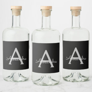 Black Silver Modern Script Girly Monogram Namn Spritflaskor Etikett