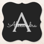Black Silver Modern Script Girly Monogram Namn Underlägg Papper<br><div class="desc">Svartvitt och Silver Enkelt skript Monogram Namn Pappra Underlägg. Det gör perfekt studenten,  födelsedag,  bröllop,  möhippa,  årsdag,  babydusch eller bachelorette-fest till någon som glam lyx och chic stilar.</div>