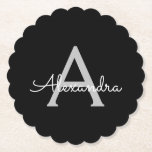Black Silver Modern Script Girly Monogram Namn Underlägg Papper<br><div class="desc">Svartvitt och Silver Enkelt skript Monogram Namn Pappra Underlägg. Det gör perfekt studenten,  födelsedag,  bröllop,  möhippa,  årsdag,  babydusch eller bachelorette-fest till någon som glam lyx och chic stilar.</div>
