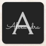 Black Silver Modern Script Girly Monogram Namn Underlägg Papper Kvadrat<br><div class="desc">Svartvitt och Silver Enkelt skript Monogram Namn Pappra Underlägg. Det gör perfekt studenten,  födelsedag,  bröllop,  möhippa,  årsdag,  babydusch eller bachelorette-fest till någon som glam lyx och chic stilar.</div>