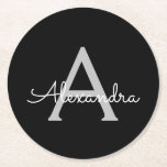 Black Silver Modern Script Girly Monogram Namn Underlägg Papper Rund<br><div class="desc">Svartvitt och Silver Enkelt skript Monogram Namn Pappra Underlägg. Det gör perfekt studenten,  födelsedag,  bröllop,  möhippa,  årsdag,  babydusch eller bachelorette-fest till någon som glam lyx och chic stilar.</div>