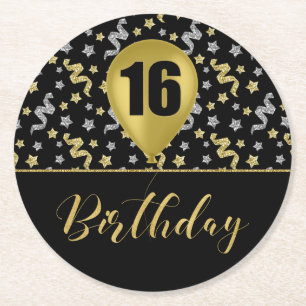 Black Silver och Guld 16 Birthday Confetti Underlägg Papper Rund