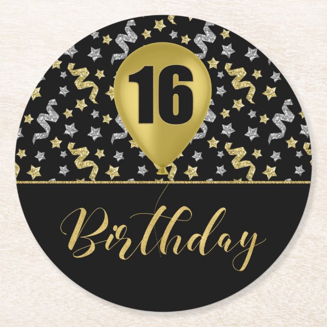 Black Silver och Guld 16 Birthday Confetti Underlägg Papper Rund (Framsidan)