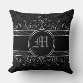 Black & Silver Ornate Gothic Monogrammed Kudde