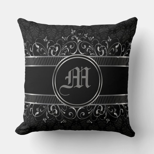 Black & Silver Ornate Gothic Monogrammed Kudde (Framsida)