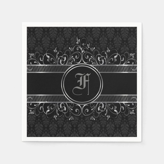 Black & Silver Ornate Gothic Monogrammed Pappersservett (Framsidan)