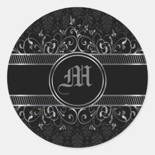 Black & Silver Ornate Gothic Monogrammed Runt Klistermärke