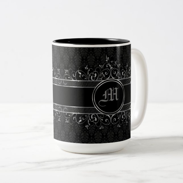 Black & Silver Ornate Gothic Monogrammed Två-Tonad Mugg (Framsida höger)