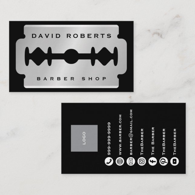 Black Silver Razor Blade Barber Business Card Visitkort (Fram/baksida)