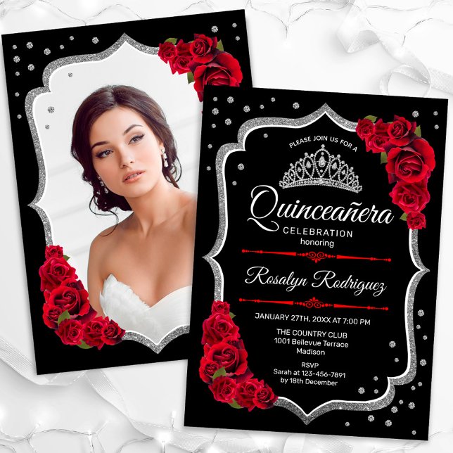 Black Silver Red Quinceanera Photo Inbjudningar (Skapare uppladdad)