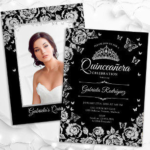 Black Silver Ro Butterflies Quinceanera Photo Inbjudningar