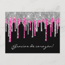 Black Silver Rosa Glitter Drip Quinceañera Gracias Vykort