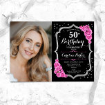 Black Silver Rosa Photo 50:e födelsedagen Inbjudningar<br><div class="desc">Elegantens blommigt 50-årsinbjudan med ditt foto. Glam Black rosa design med faux glitter silver. Funktioner rosa ros, typsnitt för skript och konfiguration. Perfekt för en snyggt vuxen under firande party. Anpassa med dina egna detaljer. Kan anpassas för vilken ålder som helst! Skrivna Zazzle-inbjudningar eller digital utskrivbar mall för omedelbar nedladdning....</div>