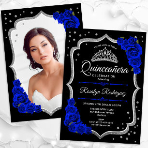 Black Silver Royal Blue Photo Quinceanera Inbjudningar