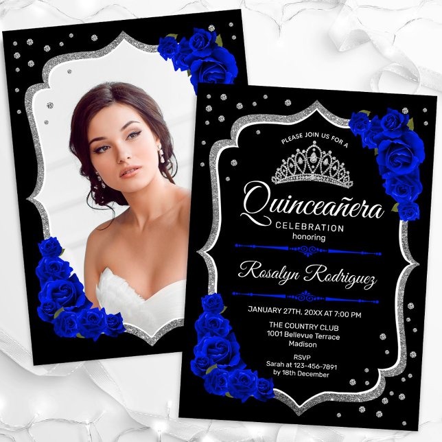 Black Silver Royal Blue Photo Quinceanera Inbjudningar (Skapare uppladdad)