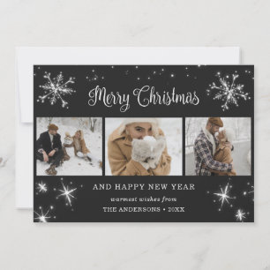Black Silver Sparkly Snowflake Photo Collage Julkort