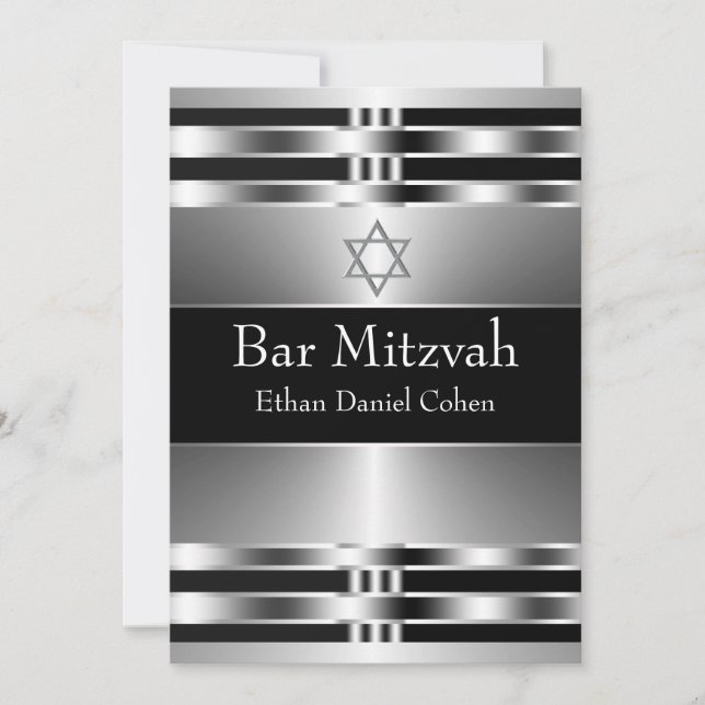 Black Silver Star of David Pub Mitzvah Inbjudningar (Framsida)