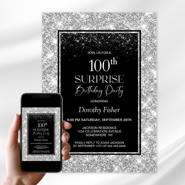 Black Silver Surprise 100:e Födelsedagsfesten Inbjudningar (Skapare uppladdad)