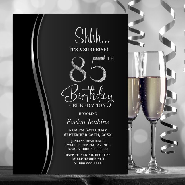 Black Silver Surprise 85:e födelsedagen Inbjudningar (Skapare uppladdad)
