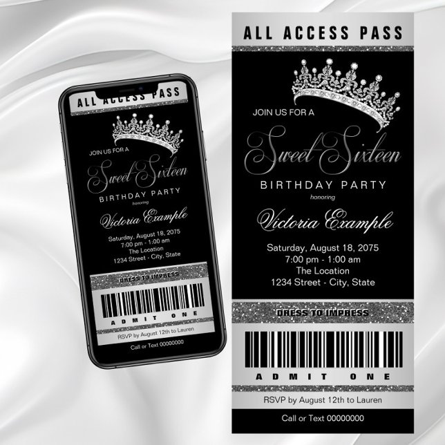 Black Silver Sweet 16 valfri nummerinbjudan Inbjudningar (Black Silver Sweet 16 Any Number Invitation. Simply delete the Sweet Sixteen graphic and add text.)