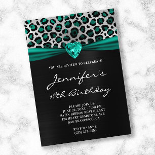 Black Silver Teal Grönt Leopard Foil 18:e födelsed Inbjudningar